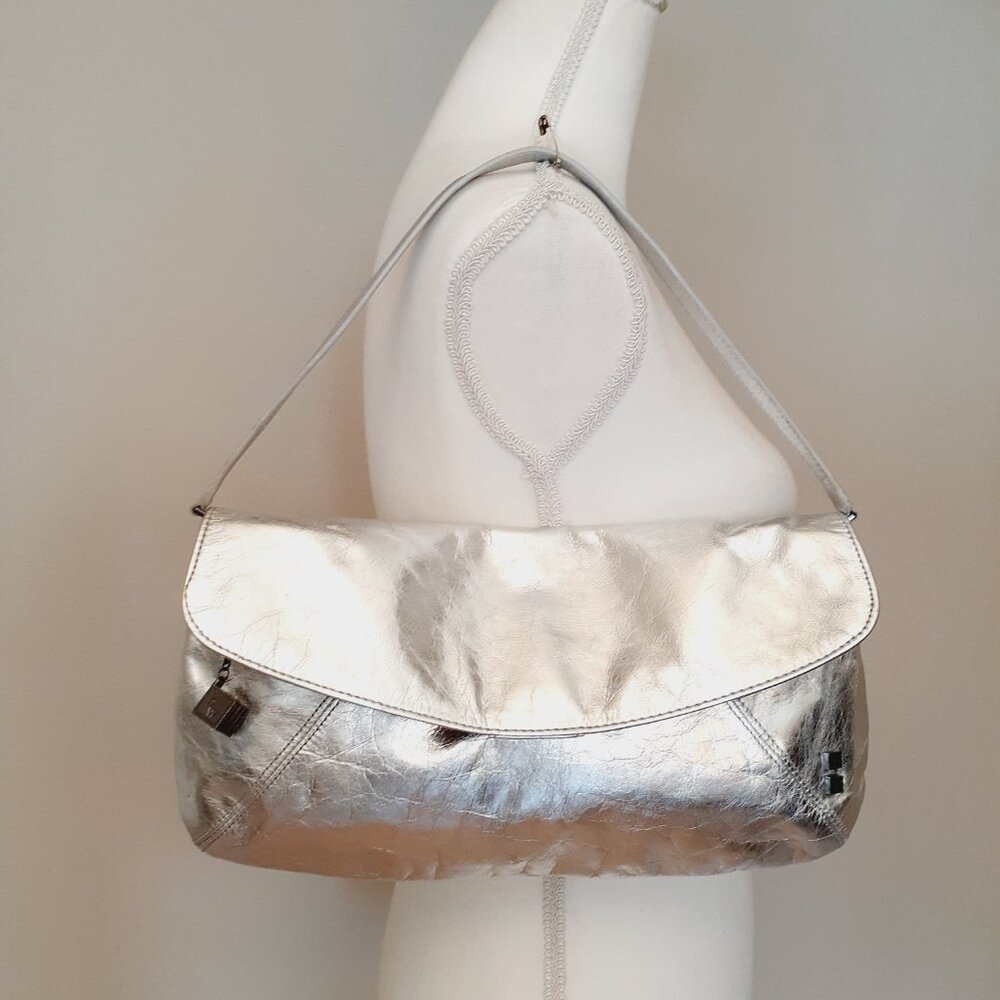 Metallic Silver Shoulder Bag with Flap - Women's Shoulder Bag